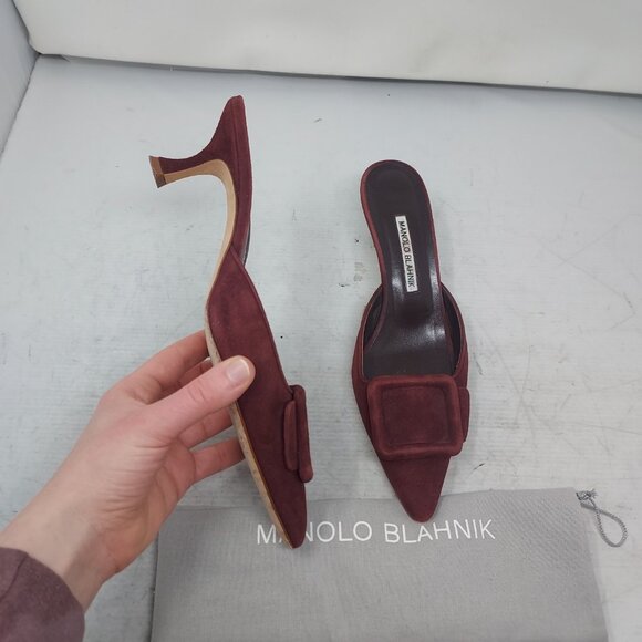 Manolo Blahnik Shoes - Manolo Blahnik Burgundy Suede Maysale Mules
